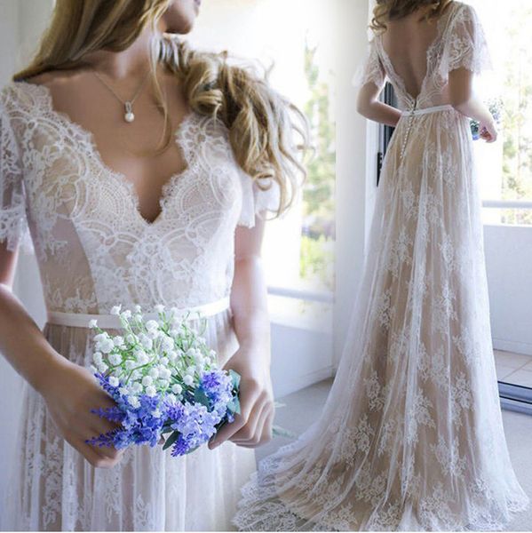 

champagne lace v-neck a-line/princess train brush bohemian wedding dress butterfly sleeve nude bridal dresses with color, White
