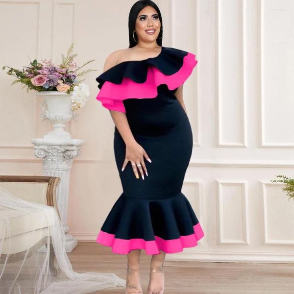 

plus size dresses large women one shoulder open back ruffle skirt collar high waist slim fishtail dress women's, Black