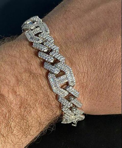 

baguette cuban prong link bracelet iced out 14k white gold plated diamond cubic zirconia jewelry 7inch-8inch 14mm mens bracelets, Black