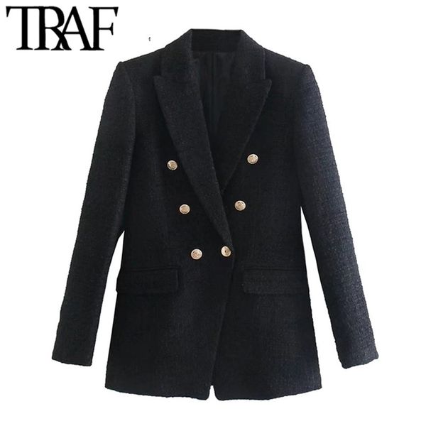 

traf women fashion with metal button tweed blazer coat vintage long sleeve flap pockets female outerwear chic veste 211222, White;black