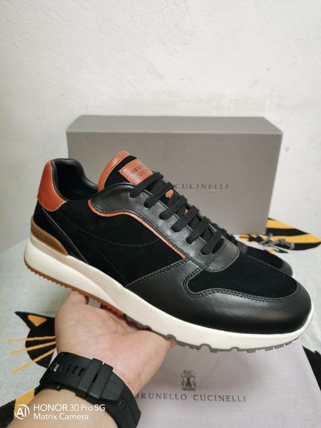 

real leather mens casual falts shoes lace up loro walk luxury sneakers brunello runner sneaker mocassin big size 45 46, Black