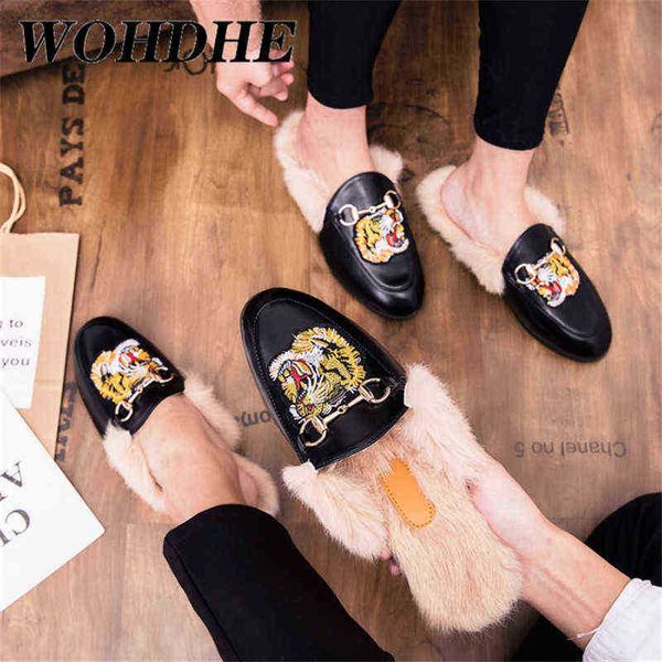

dres shoe winter mule metal buckle leather brief on flat women men rabbit fur shoe comfortable anti embroidered tiger slipper big size 22072, Black