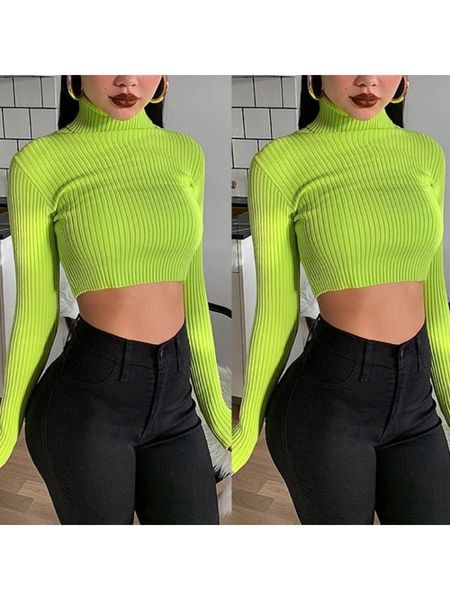 

women's sweaters women long sleeve turtleneck sweater ribbed knitted bodycon crop fluorescent neon green solid pullover tee shirts, White;black