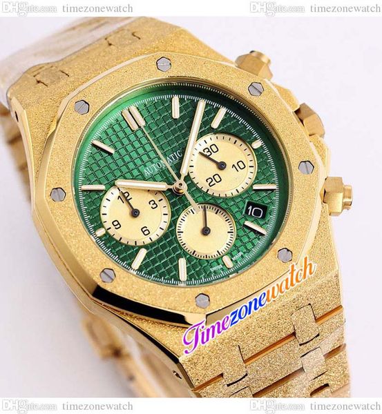 

k8f 41mm japan quartz chronograph mens watch green texture dial satch stick markers frost gold case frosted 18k yellow gold bracelet new wat, Slivery;brown