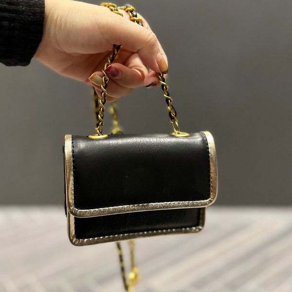 

womens mini square purse quilted bag genuine leather wallet black with gold edge vintage metal hardware chain shoulder crossbody card holder