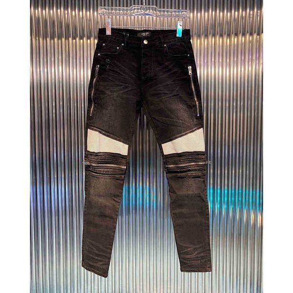 

slim washed old black mx2 leather zipper locomotive amirly fit leggy jeans men's fashion new, Blue