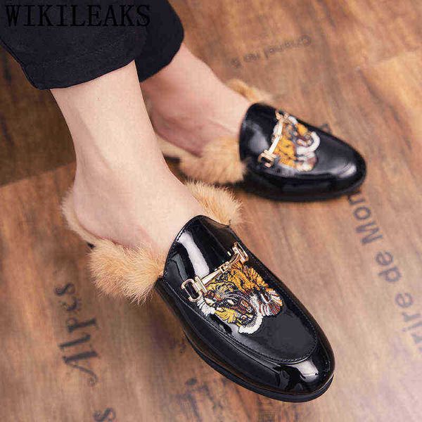 

dres shoe mule half shoe for men fur leather black luxury fashion winter shoe zapato hombre casual de cuero 220723