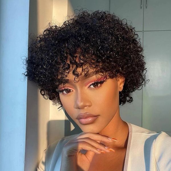 

short bob pixie cut wig human hair afro kinky curly with bang brazilian virgin full machine 8inch wigs for women soft, Black;brown
