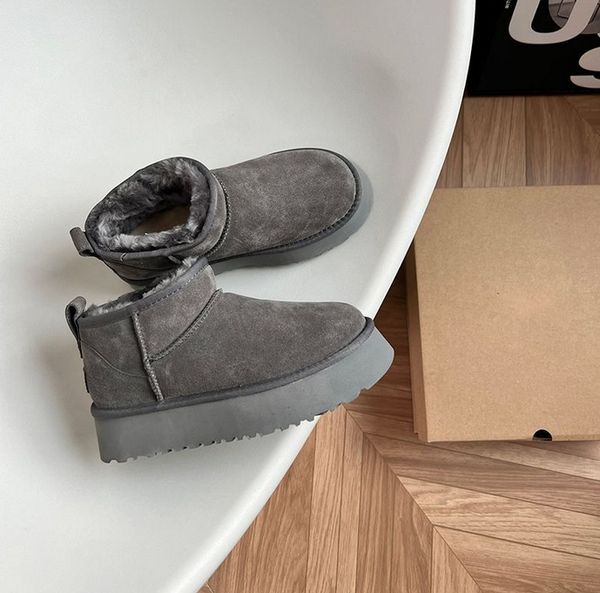 

mini platform boot woman winter wgg ankle australia snow ug boots thick bottom real leather warm fluffy booties with fur pt103101, Black