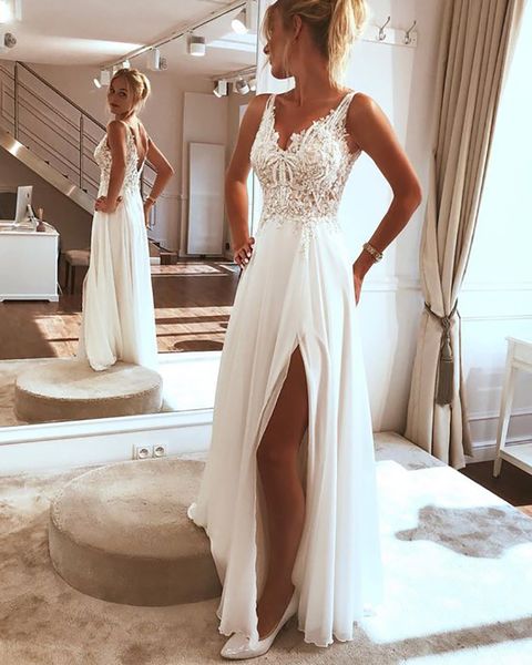 

beach wedding dress side split lace boho bride dresses appliques wedding gown custom made vestidos de novia, White
