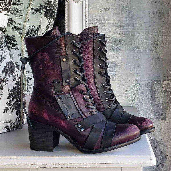 

boots new women winter outdoor lace-up ankle ladies square heel pu boot plus size 35-43 casual woman zapatos mujer 220805, Black