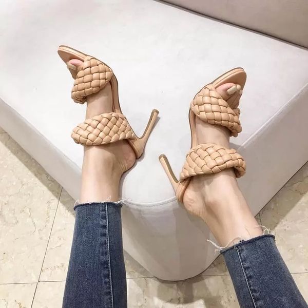 

sandals woven rollover leather mules high heels slippers women flip flop designer slides color ladies shoes party sandal for wome, Black