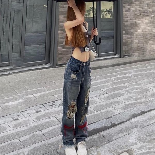 

hole trend girl denim straight leg pants women hiphop high street retro y2k waist loose wide jeans 220308, Blue