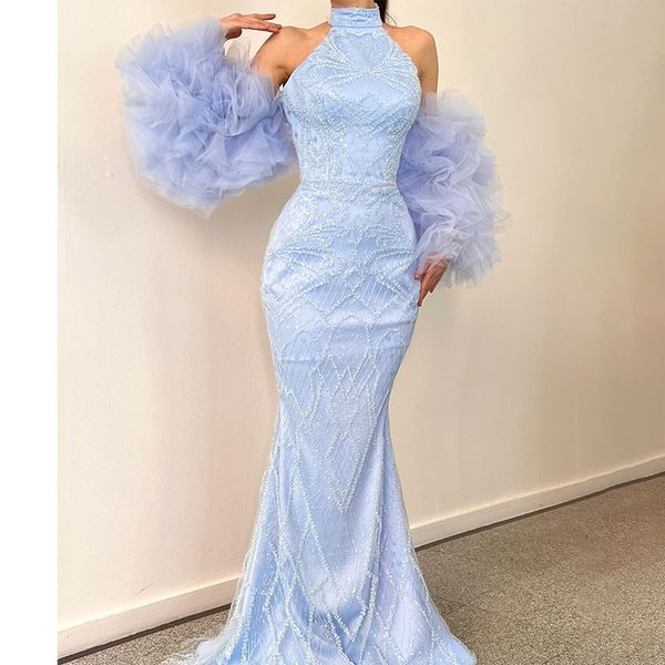 

elegant prom dress high collar mermaid slim designed cuffs applicant layered stain net evening dress custom made formal dress sweep plus siz, Black