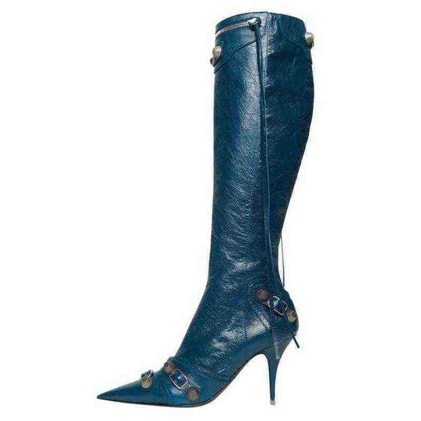 

women boots new solid color pointed thin high heels in autumn 2022 vintage metal buckle zipper knee length fiber tassel shoes 43 0709, Black