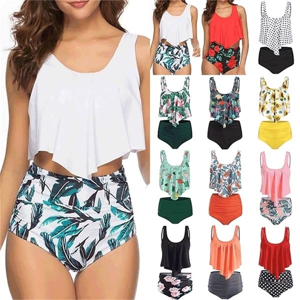 

swimwear ruffles women suits two piece sets printed beachwear high waist bikini set bottoms push up tankini swimsuits 220628, White;black