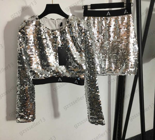 

luxury womens two pieces dress shiny blingbling heavy sequined round neck pullover letter printed webbing high waist suits skirts fashion w, White