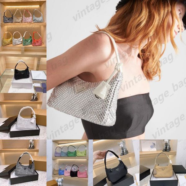 

cross body nylon hobo designer bags 2005 re-nylon women diamond handbag 2000 duchesse crystal rhinestone purse shoulder armpit tote reeditio