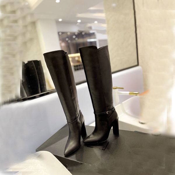 

elegant design of new long boots designer luxury winter sheepskin women's pointy shoes fashion knee-high heels cowboy boots embroidery, Black
