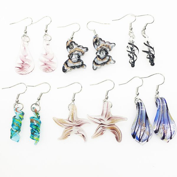 

6 pairs different shapes dangle & chandelier glaze murano glass earrings for women butterfly stars starfish spiral water drops, Silver