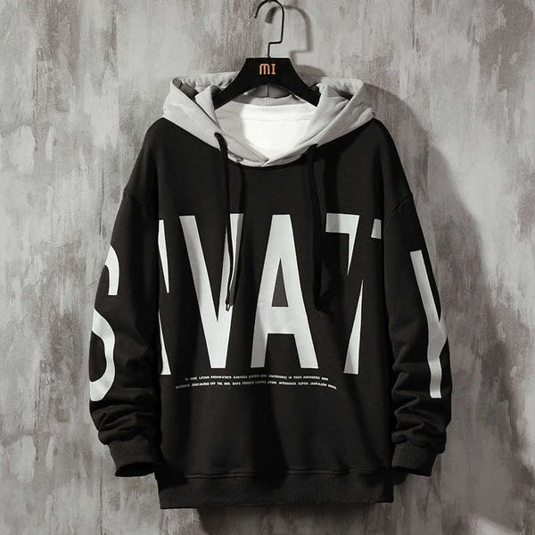 

men's pullover loose hooded sweater 2022 autumn fashion brand letter top, Black