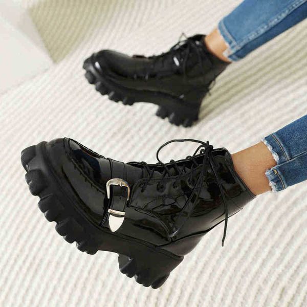 

women boots autumn and winter thick bottom 31 46 front lace up lacquered low tub, Black