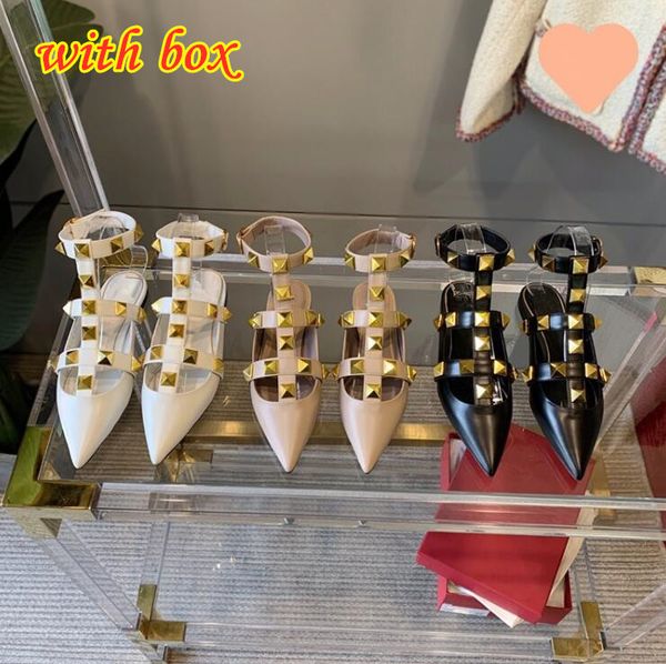

women's sandals rivets high heel shoes 2022 new classics v riveted flat slippers 3cm low heels pointed toe temperament single shoes wit, Black