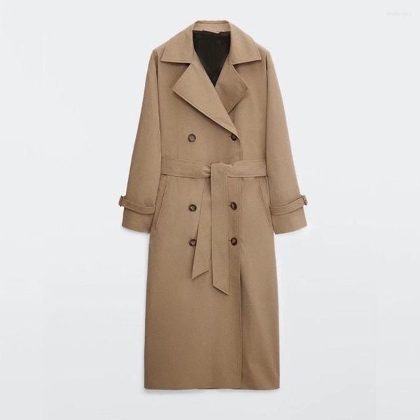 

women's trench coats autumn clothing retro casual loose double-breasted fashion overknee coat, Tan;black