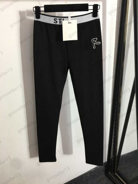

luxury leggings for women pants letters embroidery spliced bump woven belt tight trouser elastic waist slim pant casual sports style woman c, Black;white