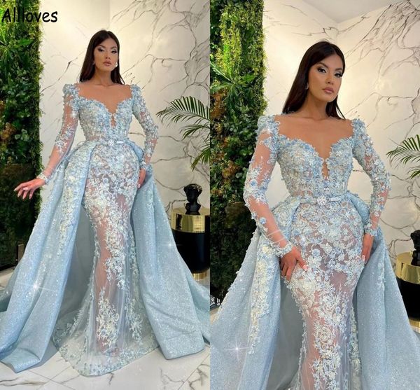 

saudi arabia mermaid prom dresses with detachable train sequined ice blue floral lace appliqued evening gowns see through long sleeve formal, Black