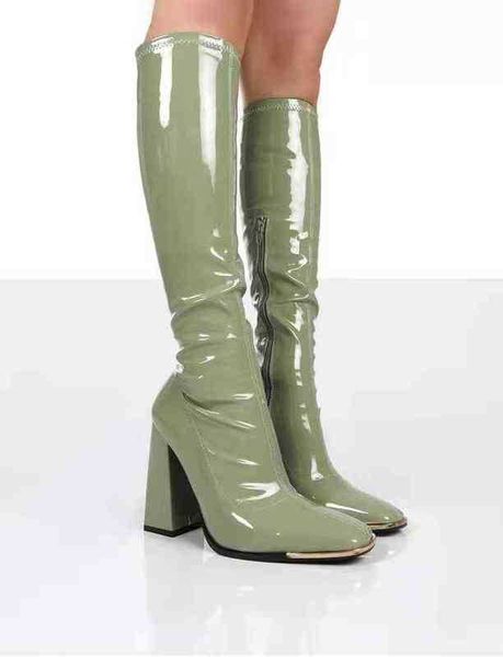 

boots woman square heel knee high classic nose pu leather zip party dress dance shoes botas de mujer 220805, Black