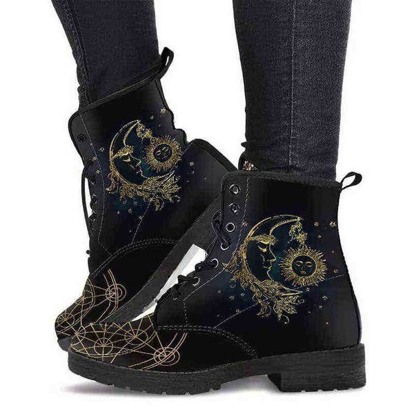 

boots womens leather shoes sun moon women vegan winter rain cowgirl 220805, Black
