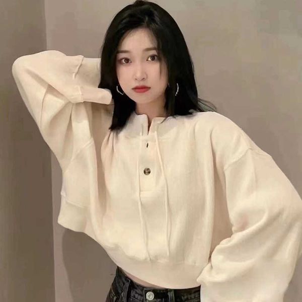 

women's hoodies sweatshirts autumn 2022 new casual versatile round neck drawstring double button pullover short, Black