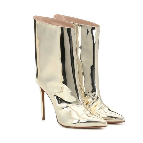 

boots women stiletto lacquer leather demonia be toe thin high heels shoes ladies metal gold ankle for 2022 220901, Black