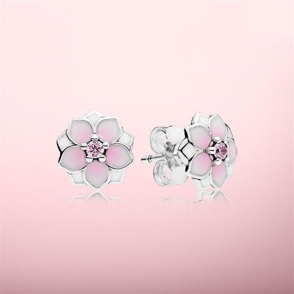 

pink magnolia earrings beautiful women jewelry with original box for pandora 925 sterling silver flower stud earring sets2465, Golden;silver