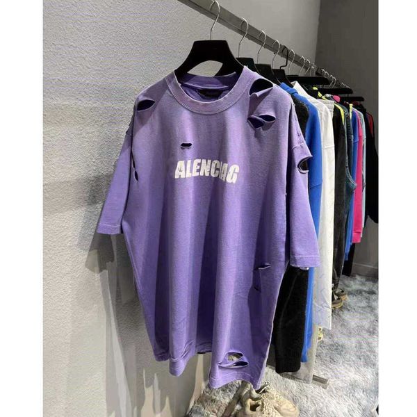 

fashion brand designer t shirt letter perforated short sleeve loose casual men's clothing purple balanciagas, White;black