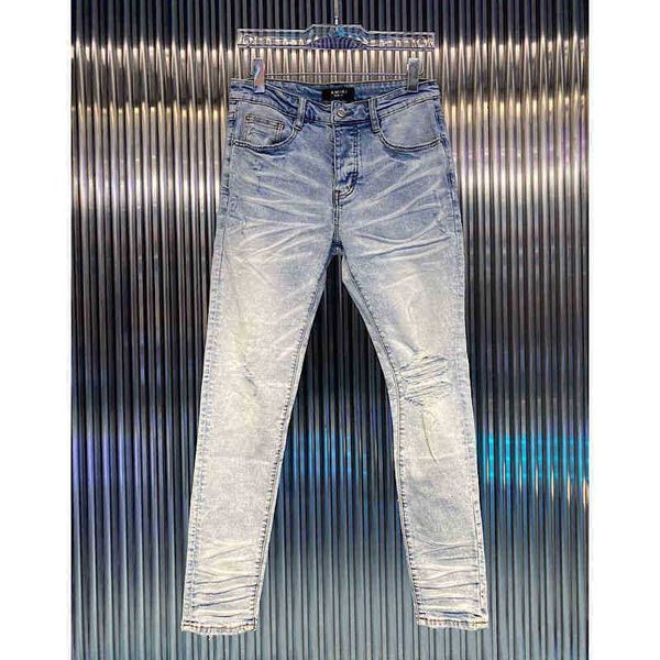 

light european and american high street washed amirly blue classic knee hole slim fit small new foot jeans men