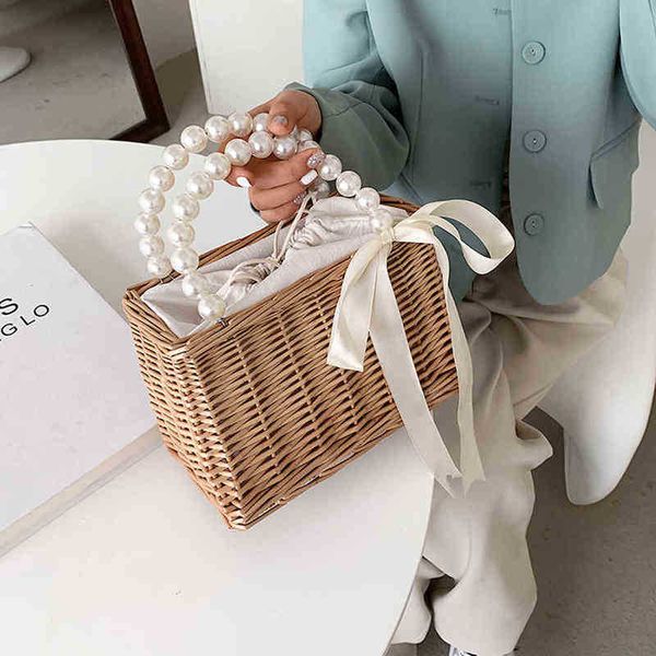 

evening bags women straw wallets and handbags summer rattan handmade bags ladies ribbons beach basket pearl beads travel 220623