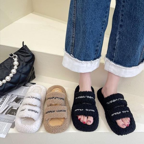 

women slippers luxurious mink fur soft flat open-toe with initials fashion, Black