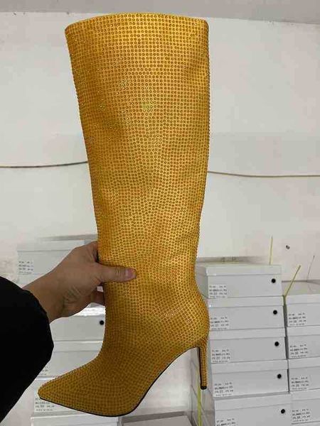 

women boots 2022 new all sky star rhinestone pointed thin heel super high knee l, Black