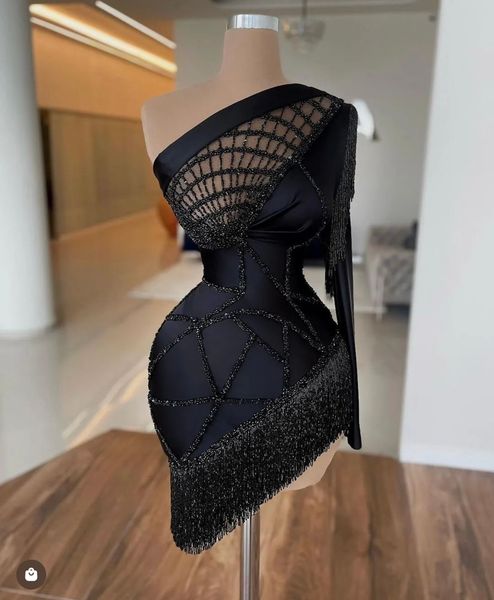 

black short prom dresees one shoulder evening formal gown long sleeves cocktail party dress custom made