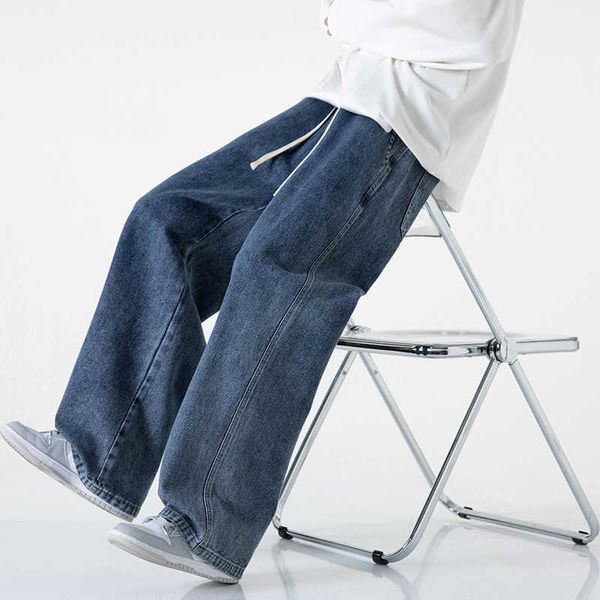 

men's autumn and winter jeans elastic waist loose straight rubber rib pants fashion brand high street wash floor, Blue