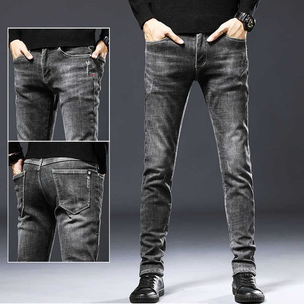 

jeans men's autumn and winter new slim fit elastic leggings fashion embroidery casual straight, Blue