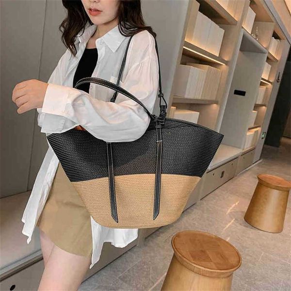

bags straw woven bag contrast color splicing 2022 new high-capacity hand women's seaside resort beach purses
