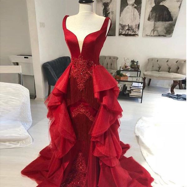 

tassel mermaid evening dresses spaghetti strap sweetheart ruffles overskirt prom gowns beaded vestidos de festa, Black;red