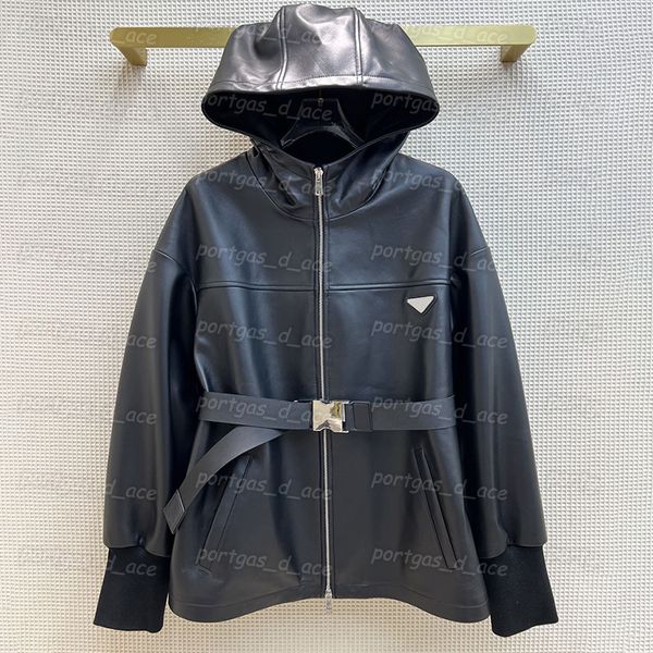 

vintage hooded womens coat pu leather women jacket ins fashion street style jacket, Black