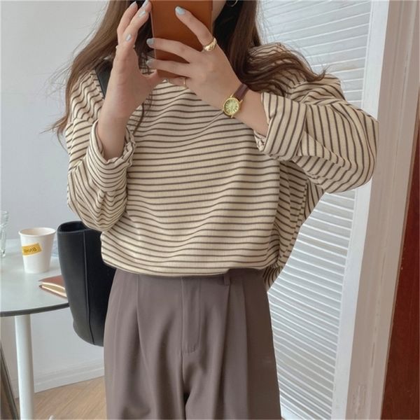

alien kitty coffee stripes cotton t-shirt loose-fitting autumn lady casual full sleeve chic all match 220326, White