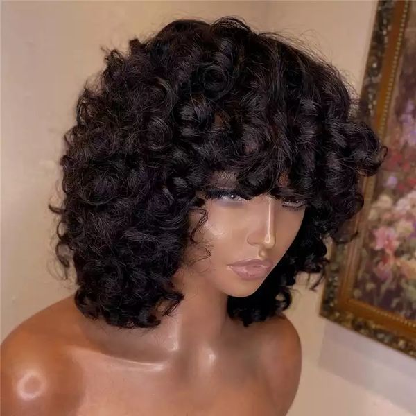 

funmi human hair wig with bangs full machine made deep wave short rose curly for black women water virgin brazilian pixiecut wig 150%density, Black;brown
