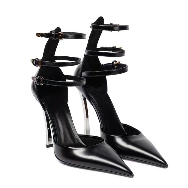 

summer women's sandals high-end new metal high-heeled fashion pointed catwalk single shoes nightclub party wedding shoes, Black