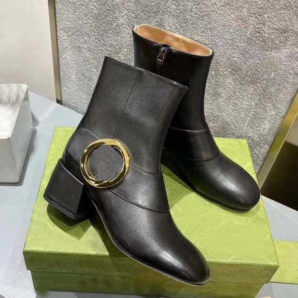 

women luxury middle heel martin boots genuine leather metal buckle platform boot waterproof canvas shoes size 35-42 with box, Black